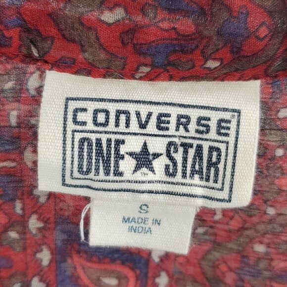 S CONVERSE oversized SEMI SHEER PRINTED BOHO maroon red TUNIC TOP small - Picture 4 of 9